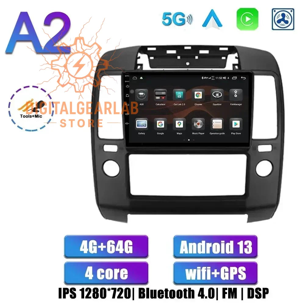 Black car stereo system with android 13, gps and bluetooth capabilities.