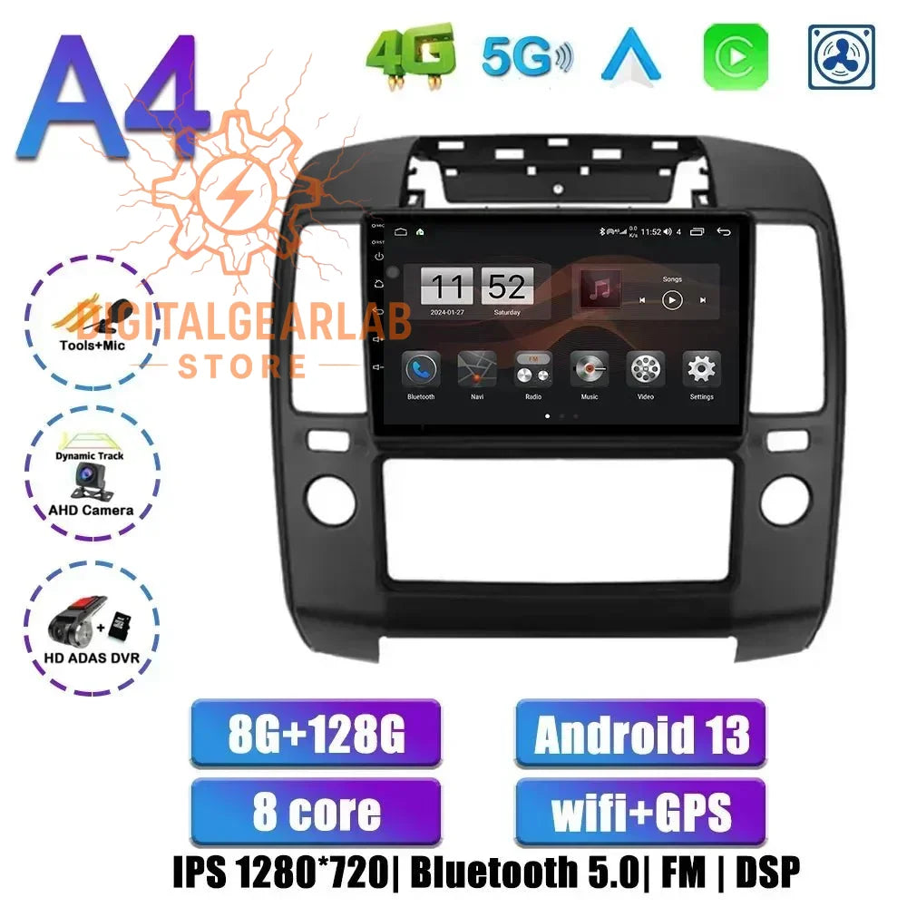 8-core android 13 car multimedia system with gps, bluetooth 5.0 and fm radio, featuring an ips display in black color.
