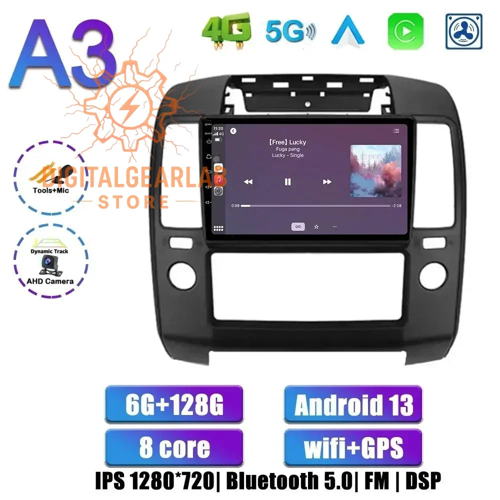 8-core android 13 car multimedia system with a black frame, featuring an ips display and support for bluetooth 5.0, fm radio, gps navigation, and dsp audio processing capabilities.