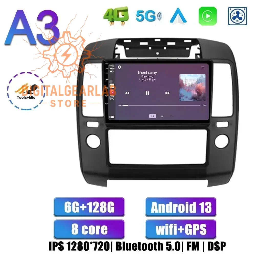 8-core android 13 car multimedia system with gps, bluetooth 5.0 and fm radio, featuring a black touchscreen display in ips technology with an 8gb ram + 64gb storage configuration for high performance and connectivity.assist