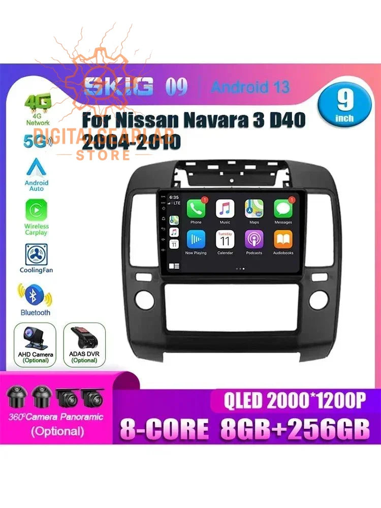 9-inch qled 8-core multimedia system for nissan navara d40, featuring android auto and wireless charging.