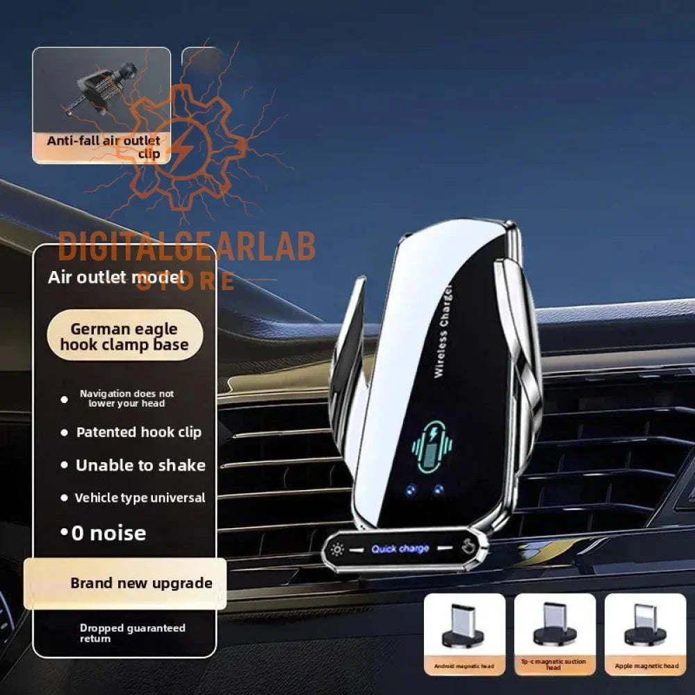 Silver wireless charger with hook clamp base, german eagle design