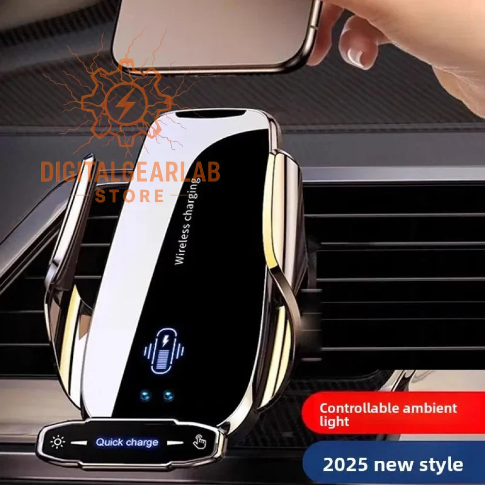 2025 wireless charging car mount with controllable ambient light, gold and black design.