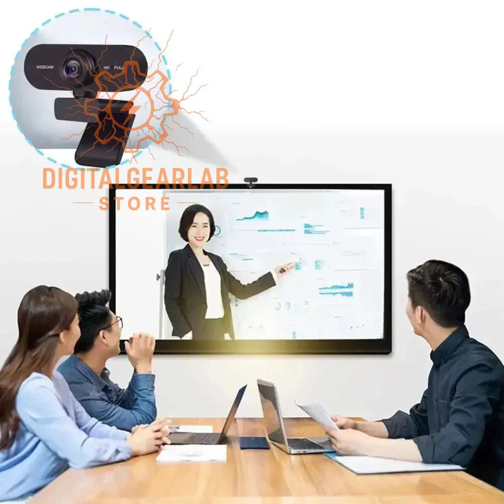 Black and silver webcam with a microphone, designed for video conferencing.