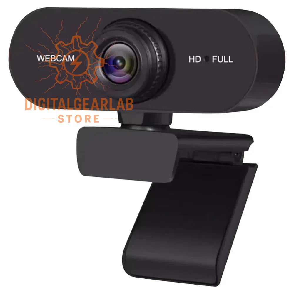 Black webcam with adjustable arm and lens cover