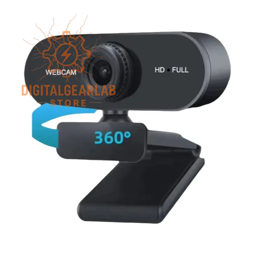 360-degree rotating black webcam with hd full resolution.