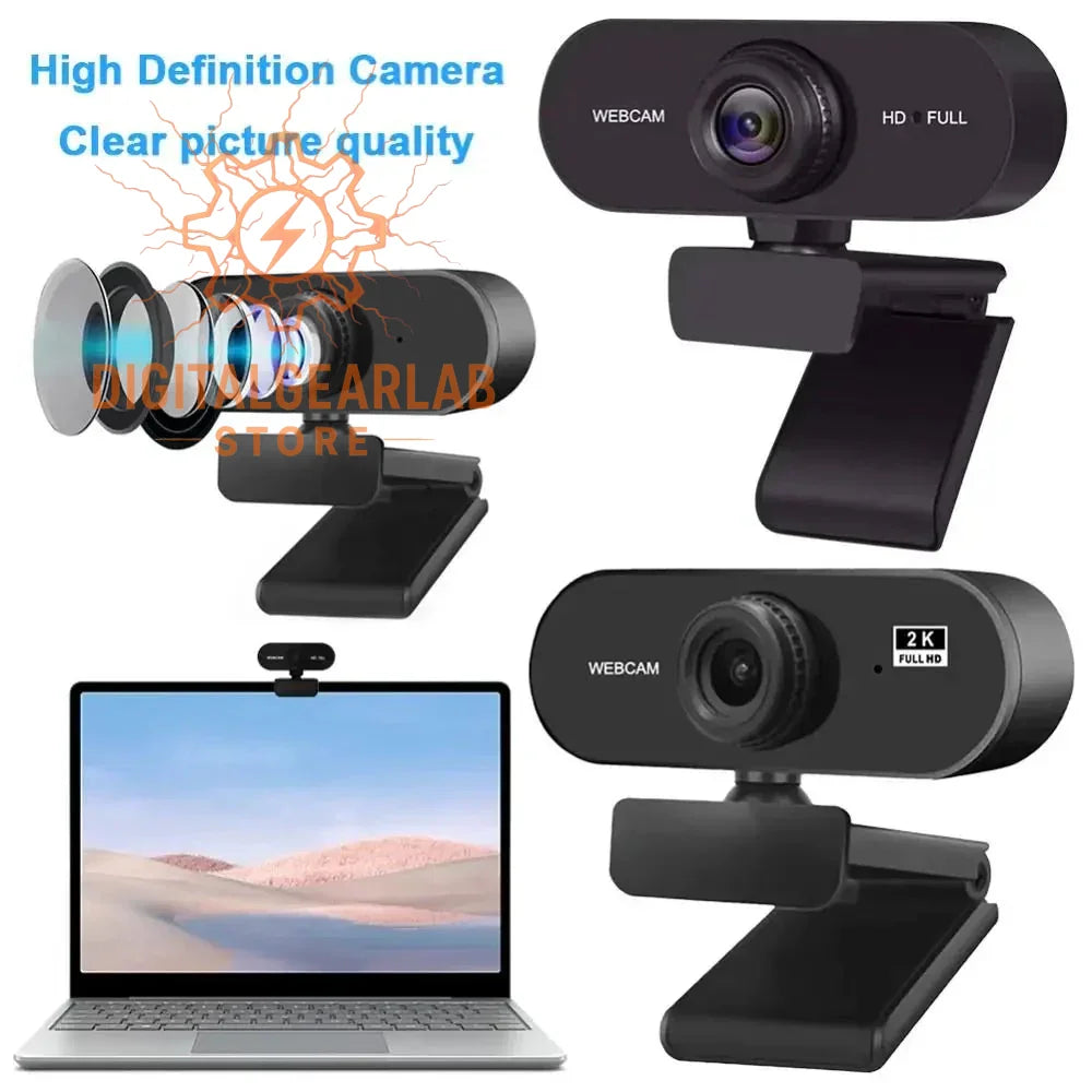 2k full hd webcam with adjustable stand and microphone, black