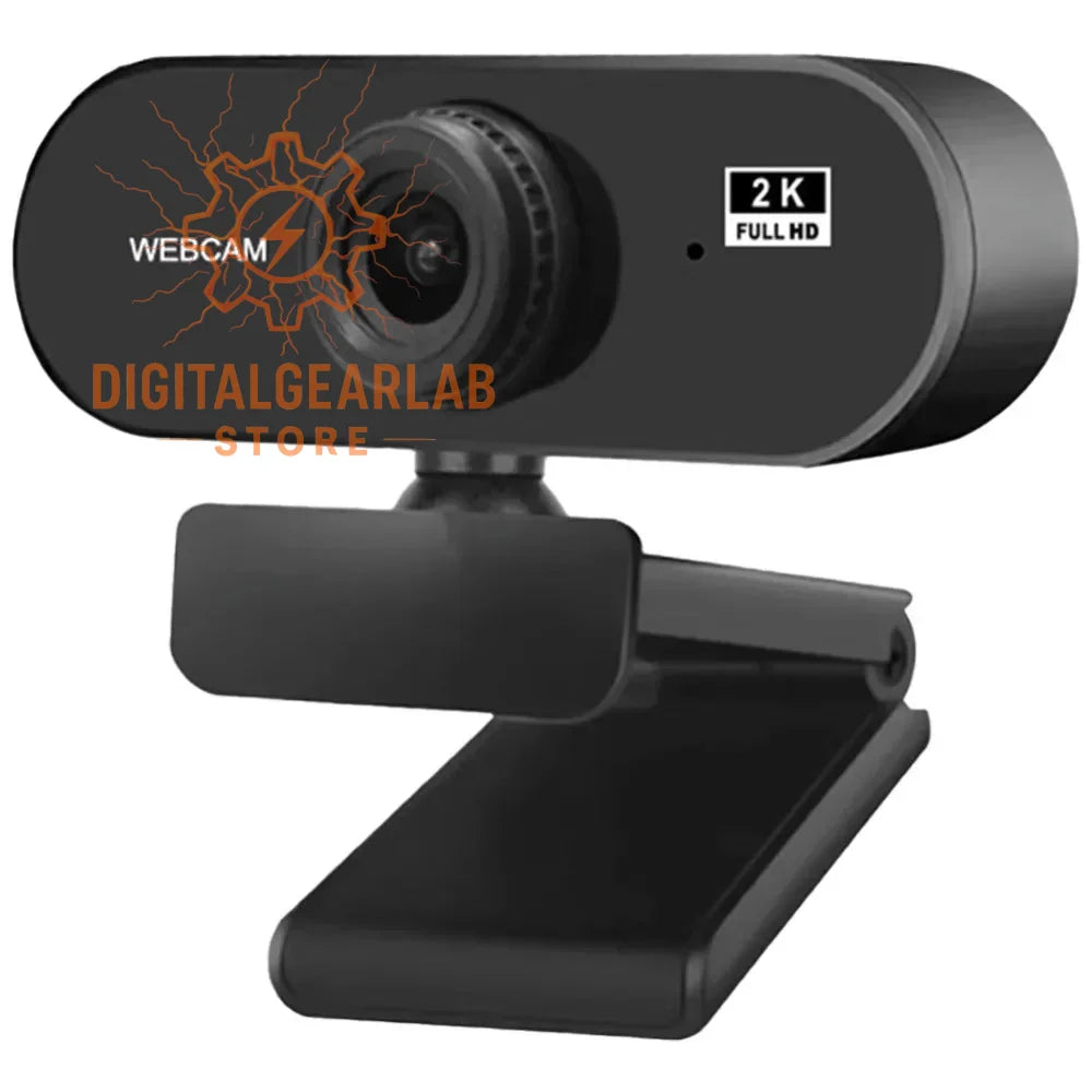 2k full hd webcam with adjustable stand and microphone, black body.