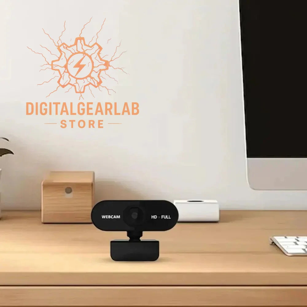 Black webcam with a microphone and adjustable stand, likely from the brand ’webcam’ or similar model.