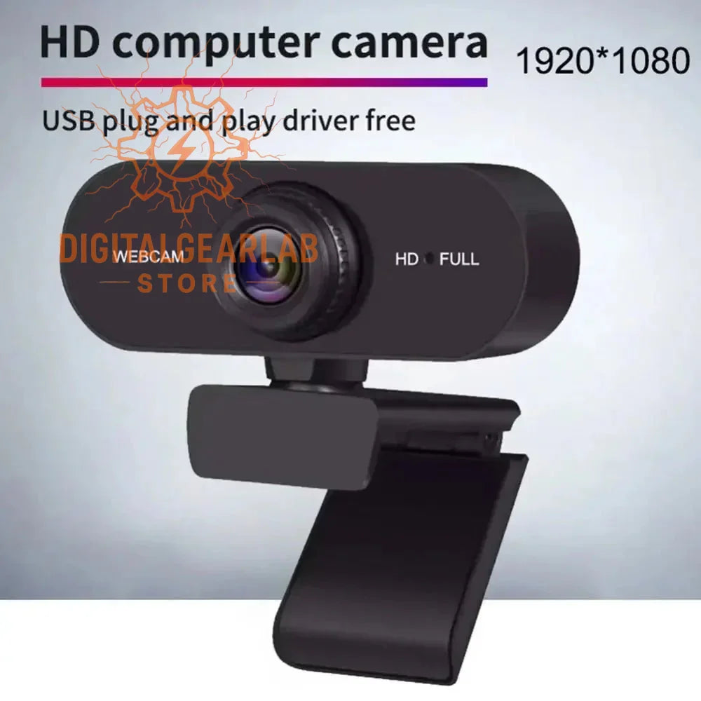 Black webcam with adjustable arm and lens cover, 1920x1080 resolution.