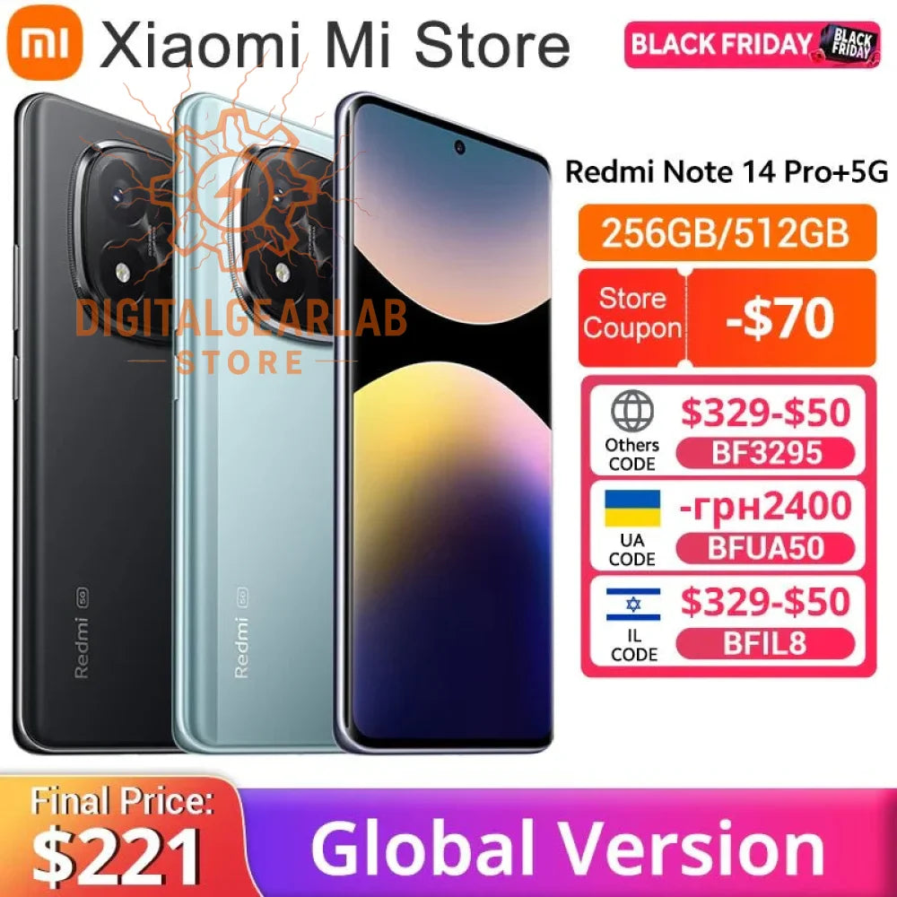 Redmi note 14 pro+5g smartphone with a sleek black and green gradient back, dual camera setup, and global version design.