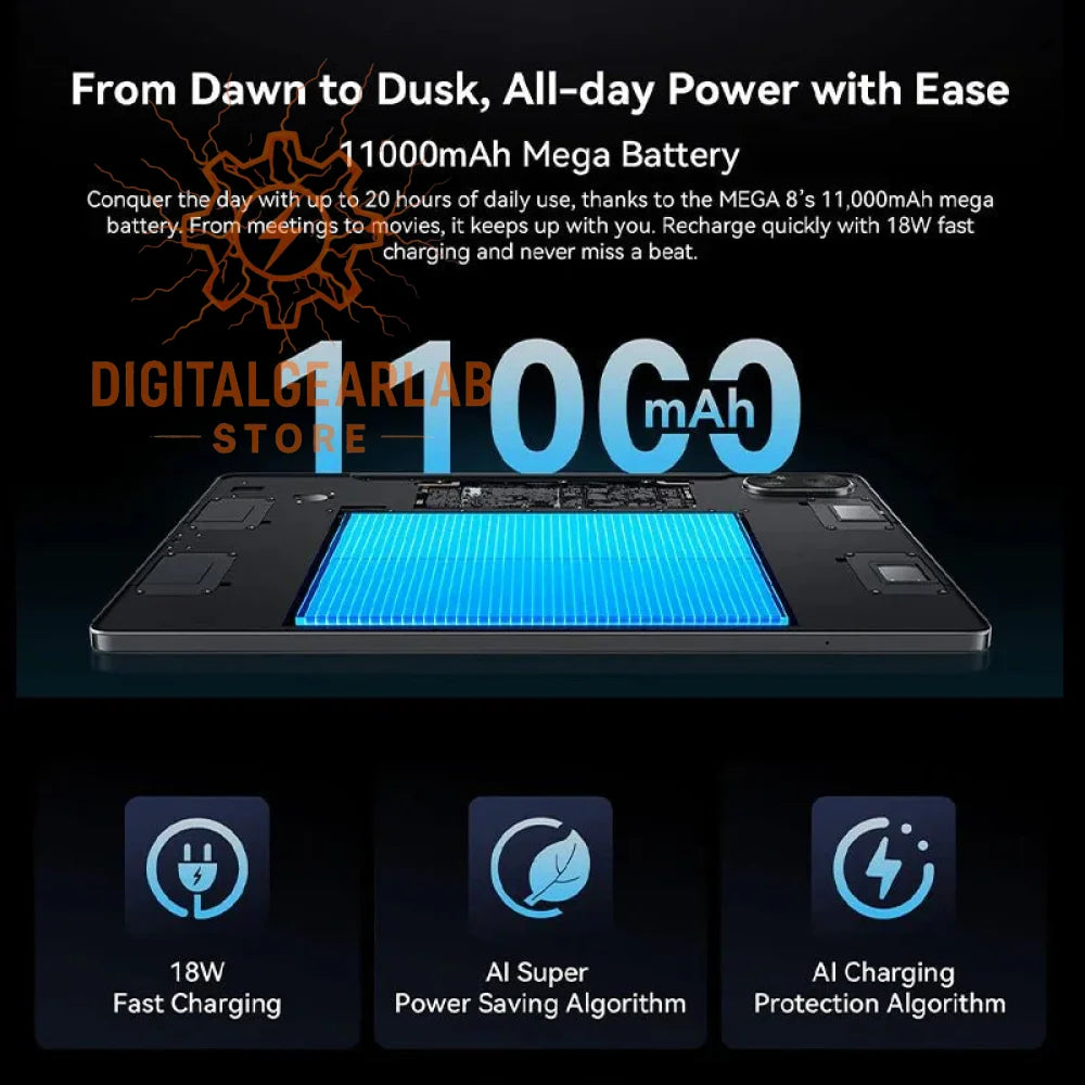 18w fast charging laptop with a sleek black design and vibrant blue keyboard.