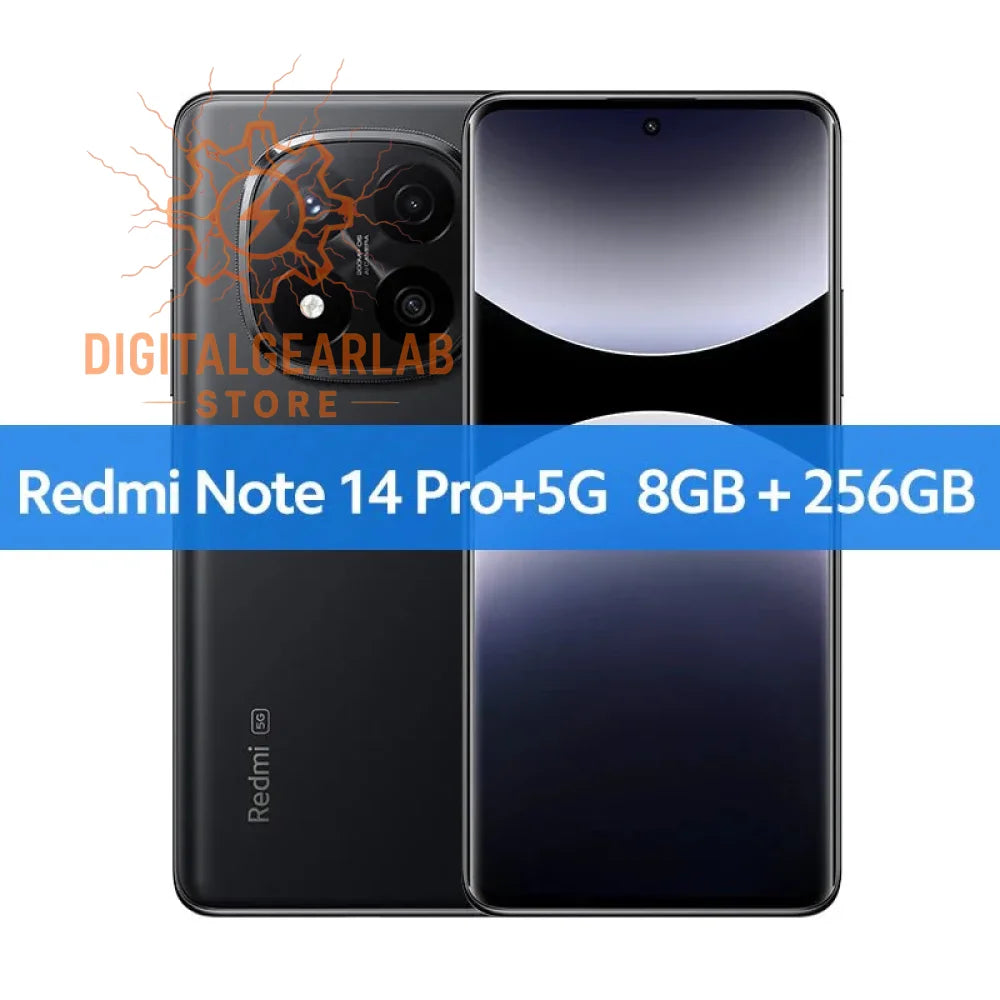 Black redmi note 14 pro+5g smartphone with a triple camera setup and an amoled display.