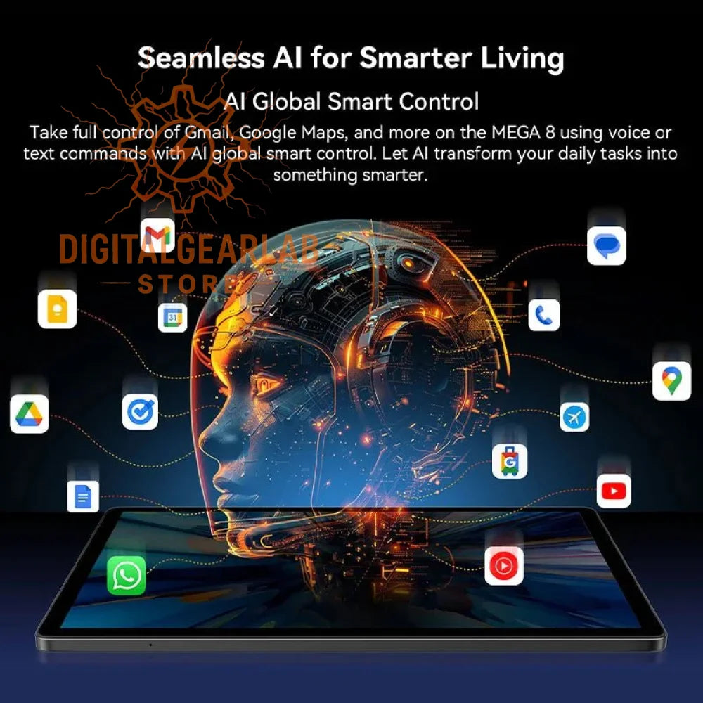 2023 mega 8 tablet with ai global smart control, featuring a sleek black frame and vibrant screen.