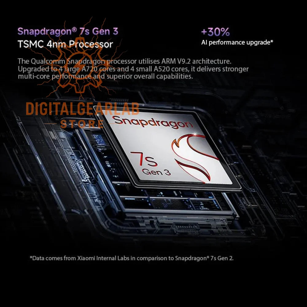 Snapdragon 7s gen 3 processor with arm v9.2 architecture, featuring four large a720 cores and four small a520 cores in a tsmc 4nm design.