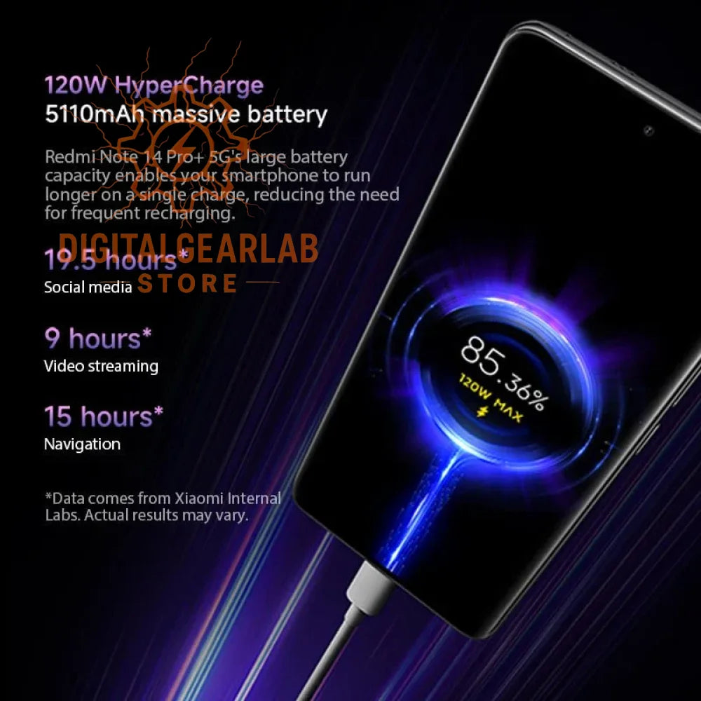 120w hypercharge smartphone with a 5110mah battery, featuring a sleek black design and vibrant blue charging indicator.