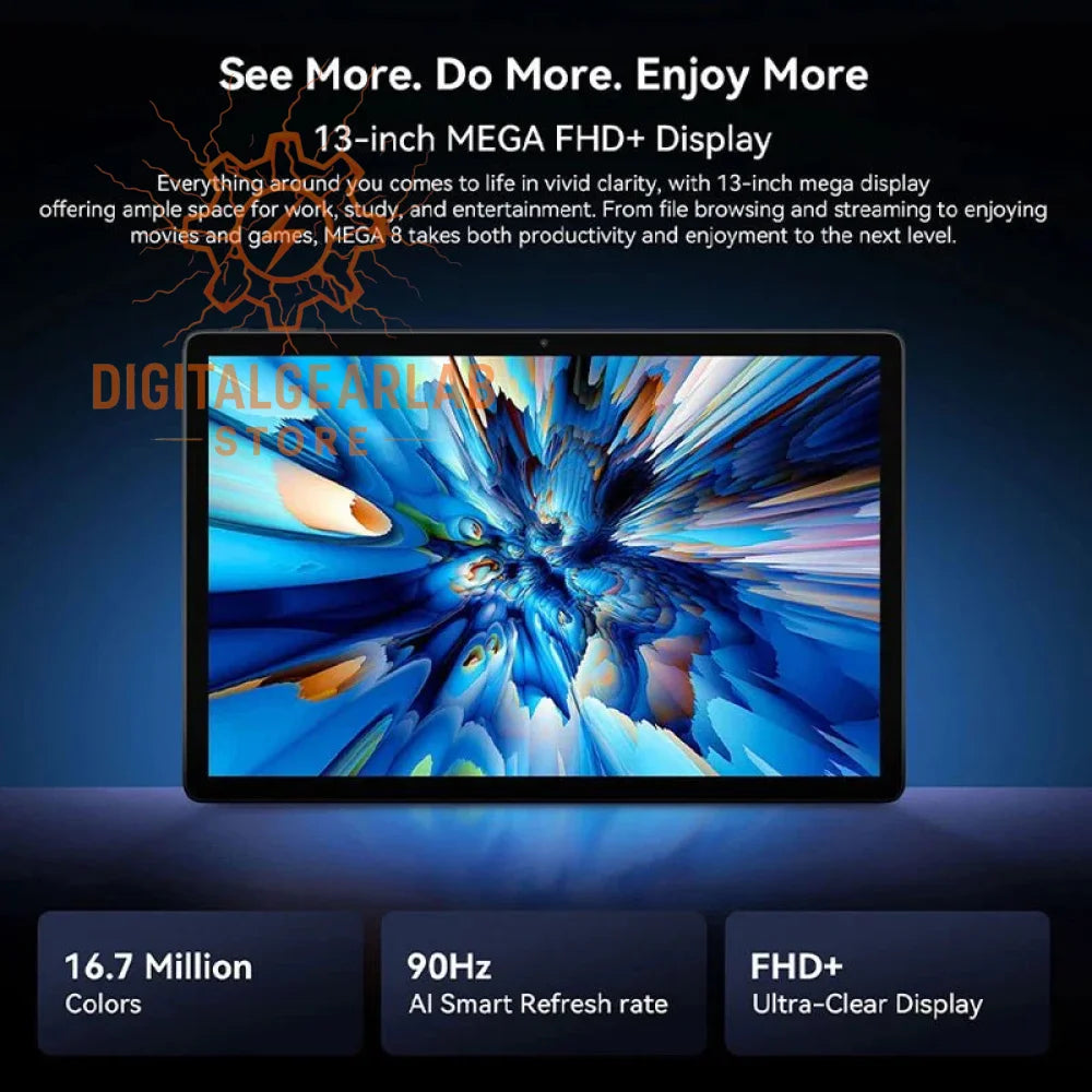 13-inch mega fhd+ display tablet with vibrant colors and ai smart refresh rate.