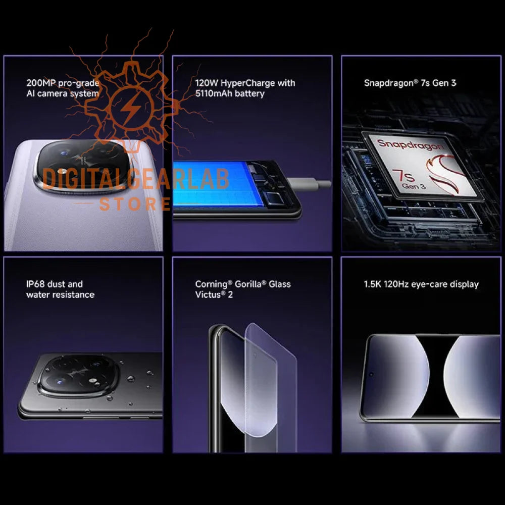 200mp purple phone with ai camera system, gorilla glass victus 2 screen protection, snapdragon 7s gen3 processor.