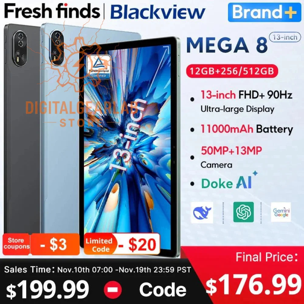13-inch blackview mega 8 tablet with a sleek black frame and vibrant display, featuring an ultra-large screen for immersive viewing.