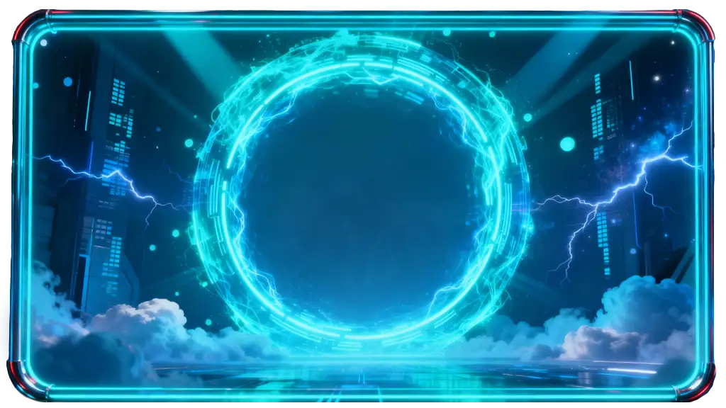 A glowing blue neon ring with intricate circuit-like patterns and lightning effects, framed by a futuristic digital border.