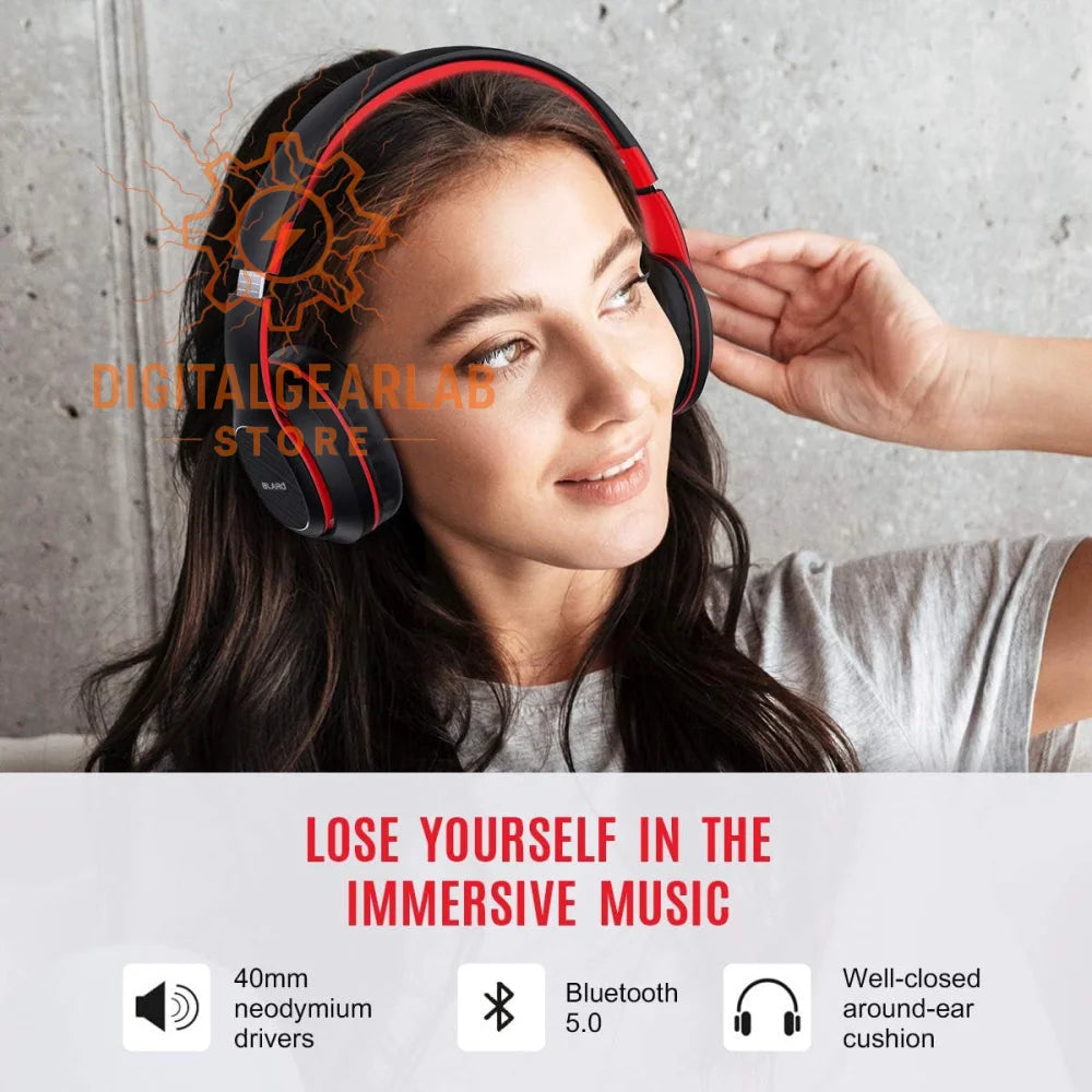 Black and red over-ear bluetooth headphones with neodymium drivers, cushioned ear cups.