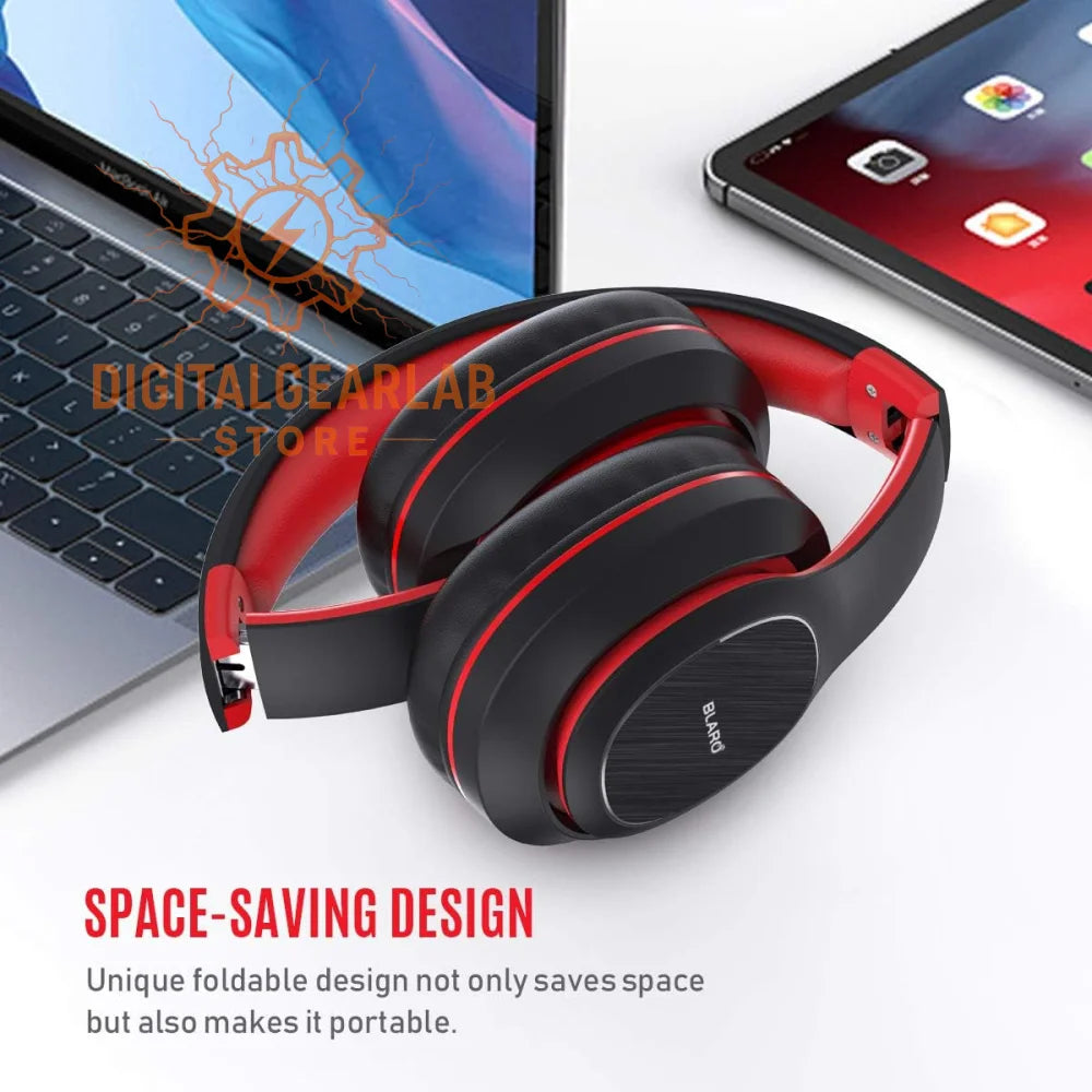 Black and red foldable headphones with a sleek design.