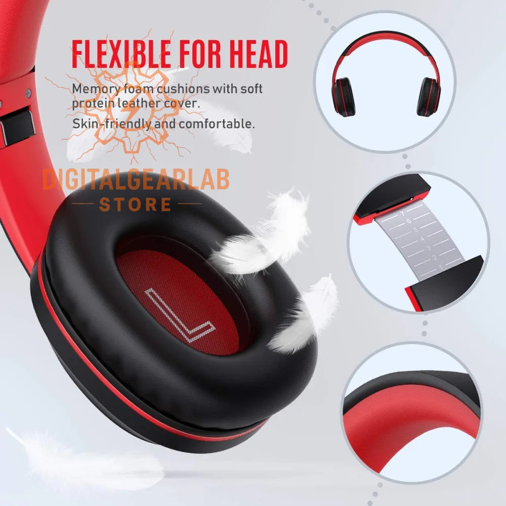 Red and black over-ear headphones with memory foam cushions covered in soft protein leather.