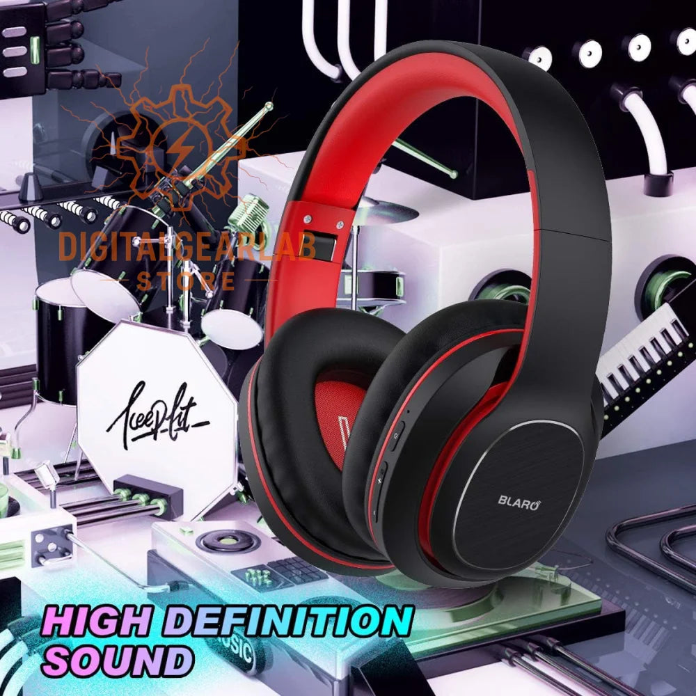 Black and red over-ear headphones with a sleek design, featuring the brand ’blard’ on one side.