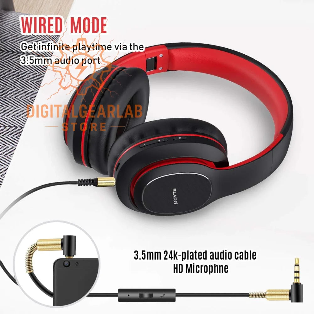 Black and red over-ear headphones with a 3.5mm audio cable featuring an hd microphone, designed for wired mode playtime