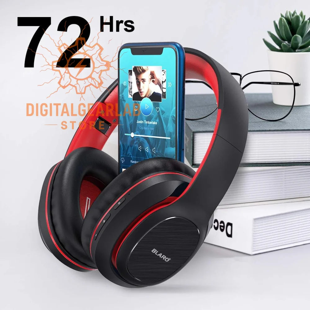 Black and red over-ear headphones with a sleek design, featuring the brand ’bland’ in white text.