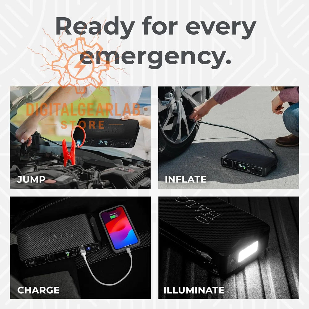 Black carbon-fiber textured portable power station with integrated led light and multiple output ports.