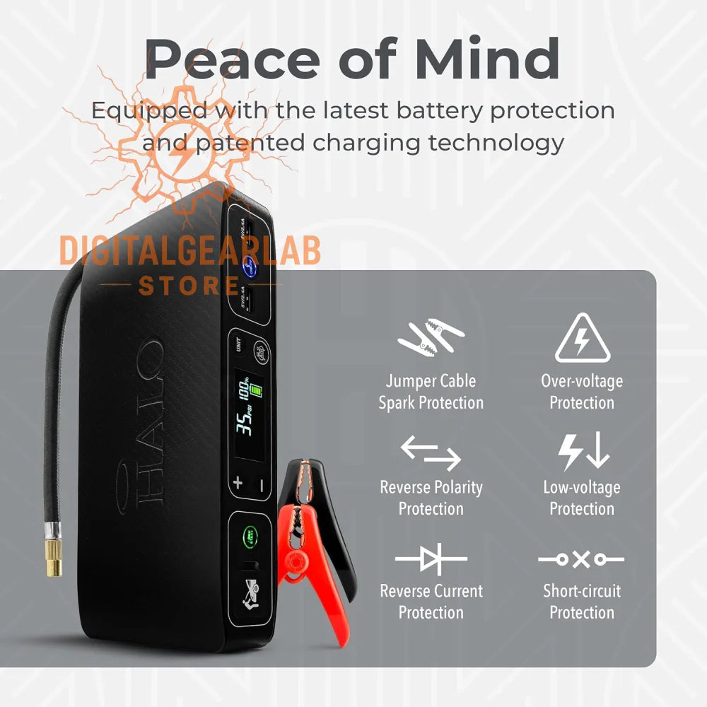Black halo portable jump starter with digital display and red jumper cable clamp.