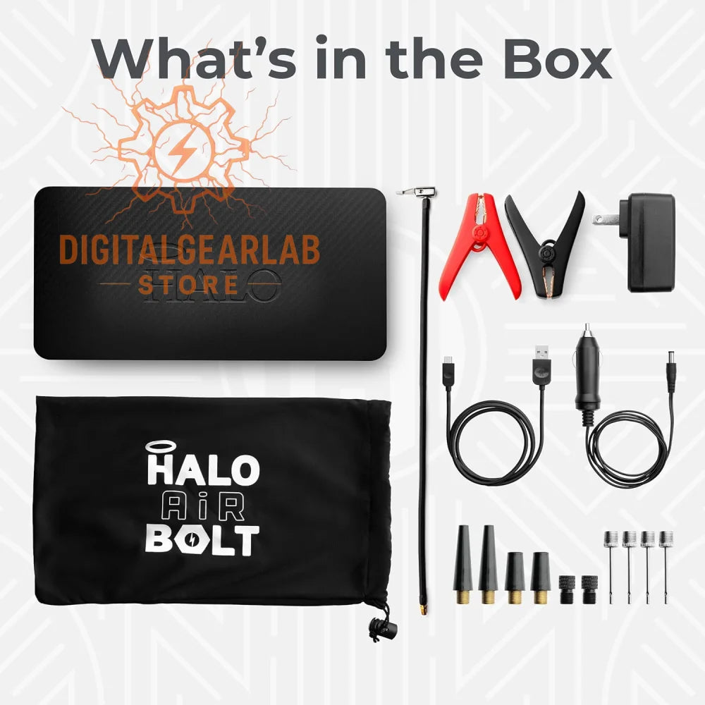 Black halo air bolt air compressor kit with red and black clamps, usb cables, car charger, and assorted nozzles.