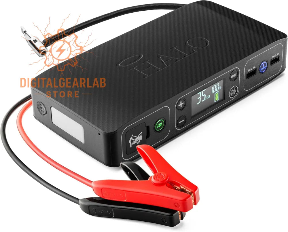 Black carbon-fiber textured halo portable jump starter with red and black clamps.