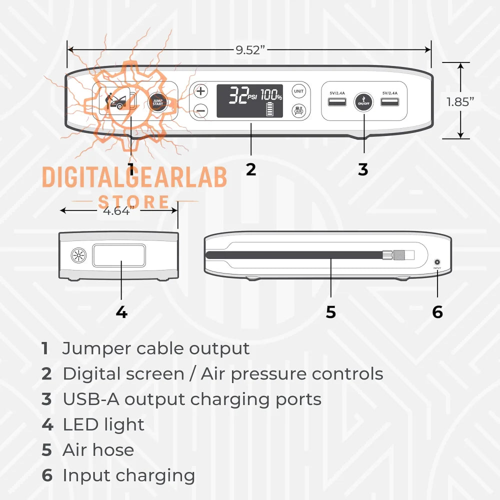 White portable air compressor with digital screen, usb-a charging ports, and jumper cable output