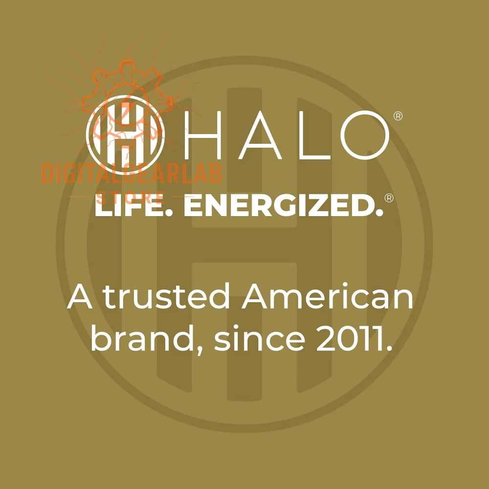 Halo brand logo with white lettering and emblem on a solid gold background.