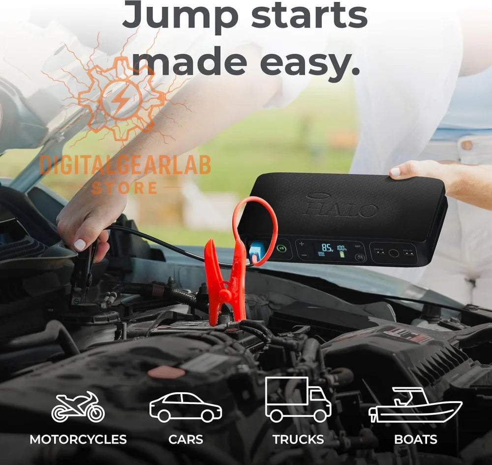 Black hazo portable jump starter with digital display and red clamps.