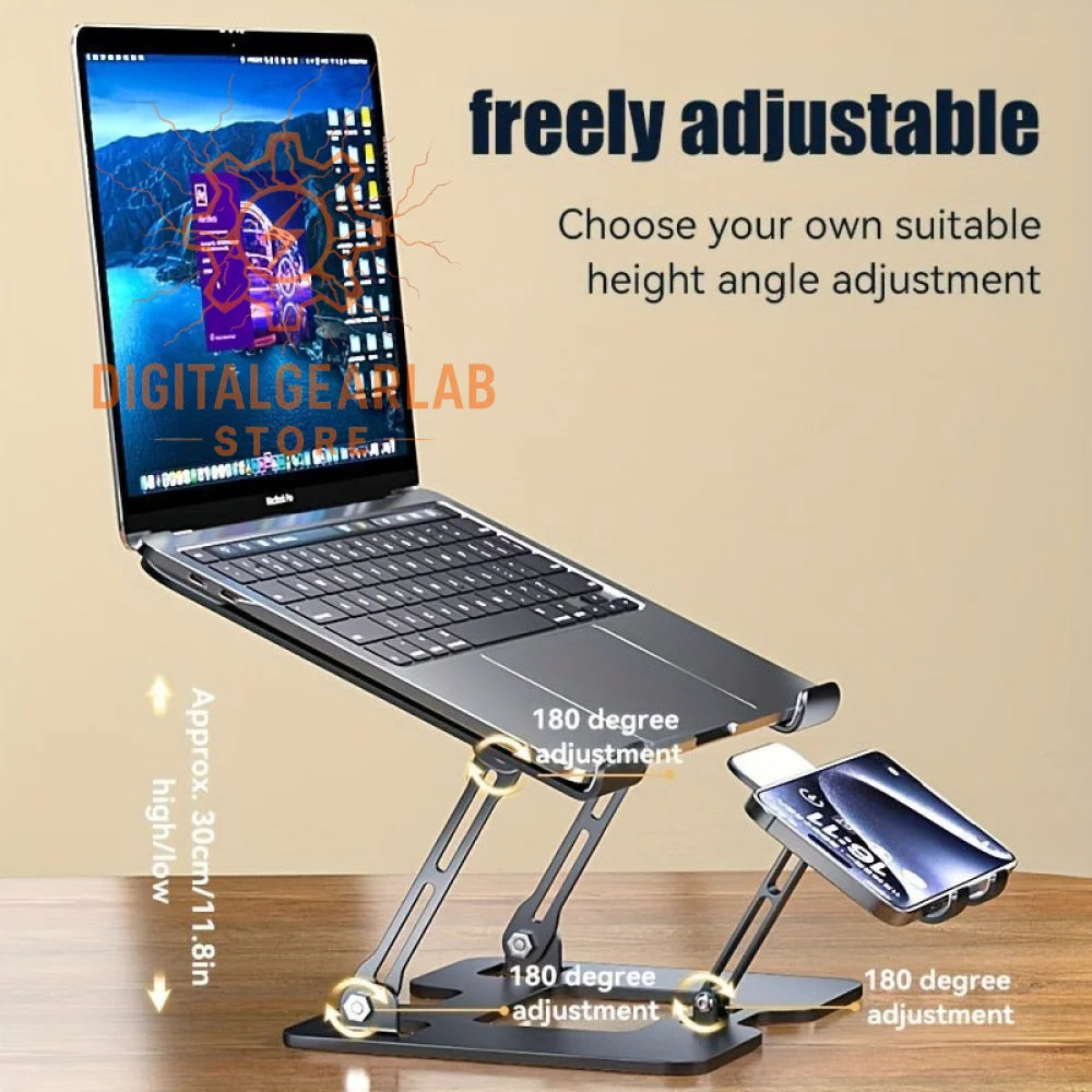Adjustable laptop stand with 180-degree angle adjustment, black aluminum frame and rubber feet for stability.
