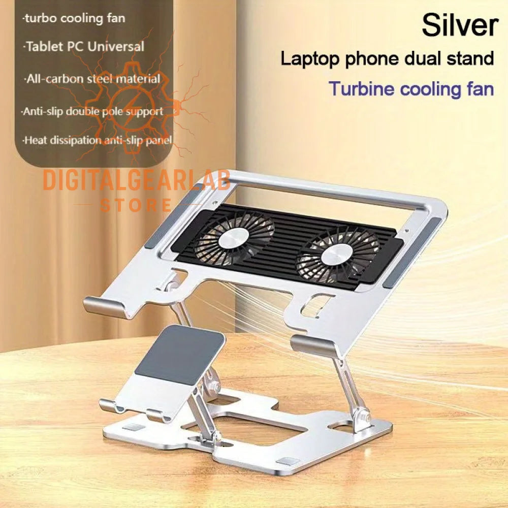 Silver laptop phone dual stand with turbine cooling fan and anti-slip double pole support, all-carbon steel material.