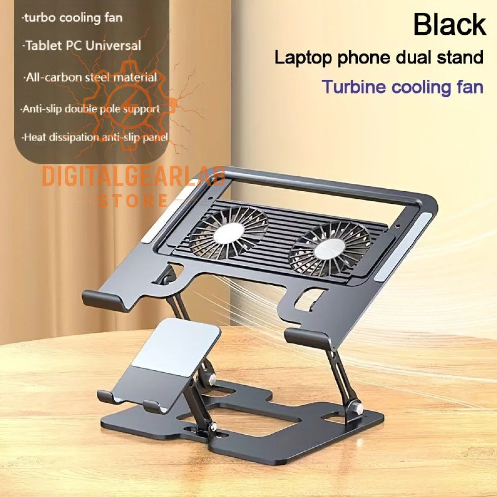 Black laptop phone dual stand with turbine cooling fan and anti-slip double pole support, all-carbon steel material.