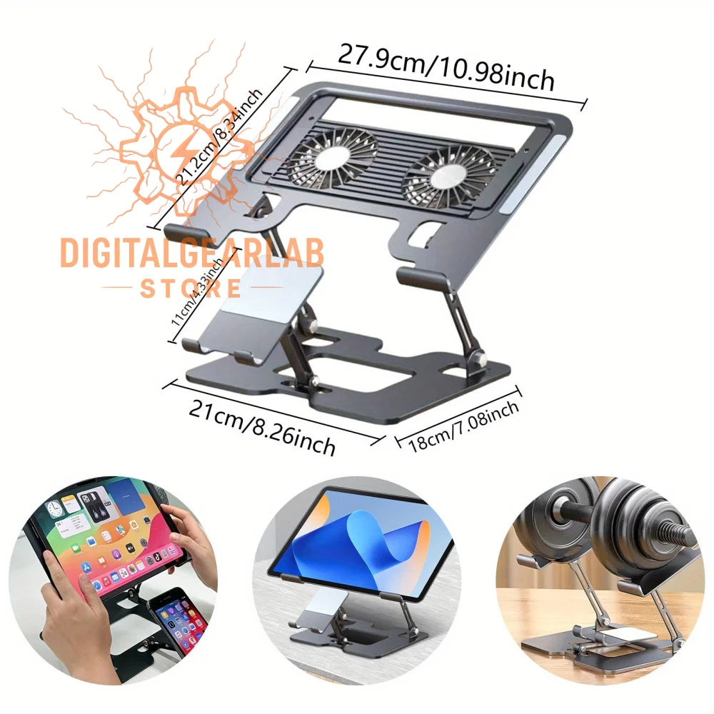 Black foldable laptop stand with dual fans and adjustable angles for optimal viewing.