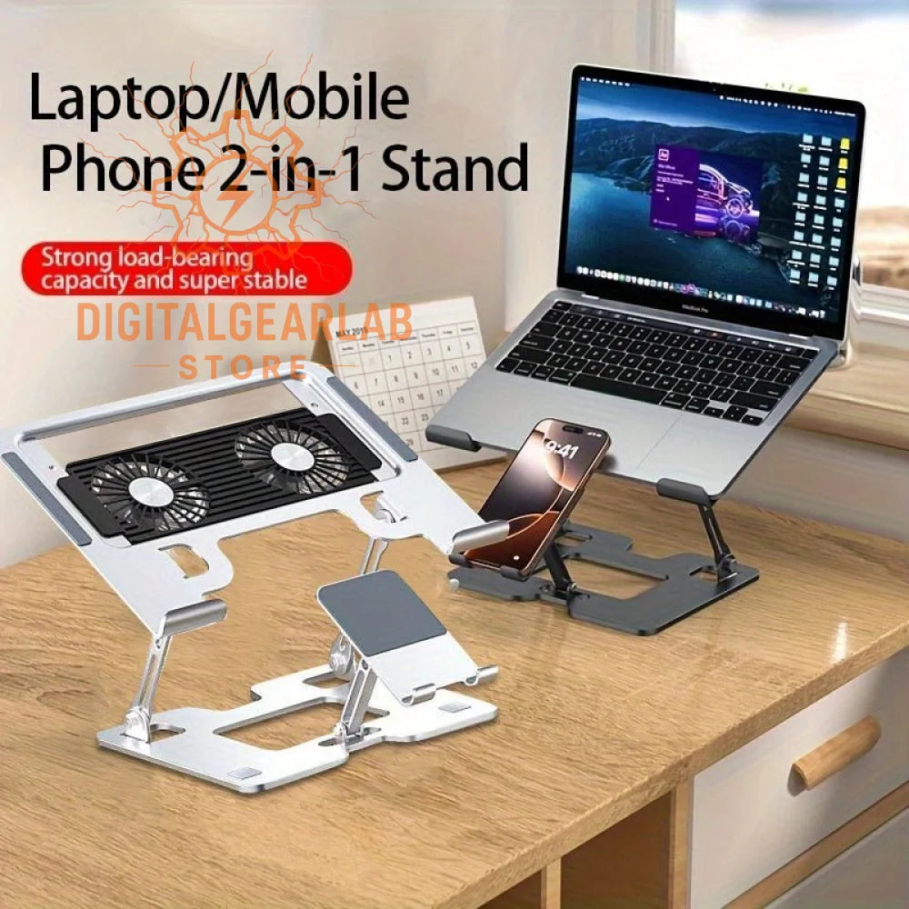 2-in-1 laptop and mobile phone stand, silver aluminum design with adjustable angles for stability.
