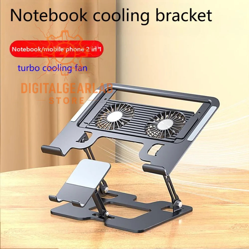 Black turbo cooling fan laptop stand with adjustable angle and dual fans for efficient heat dissipation.