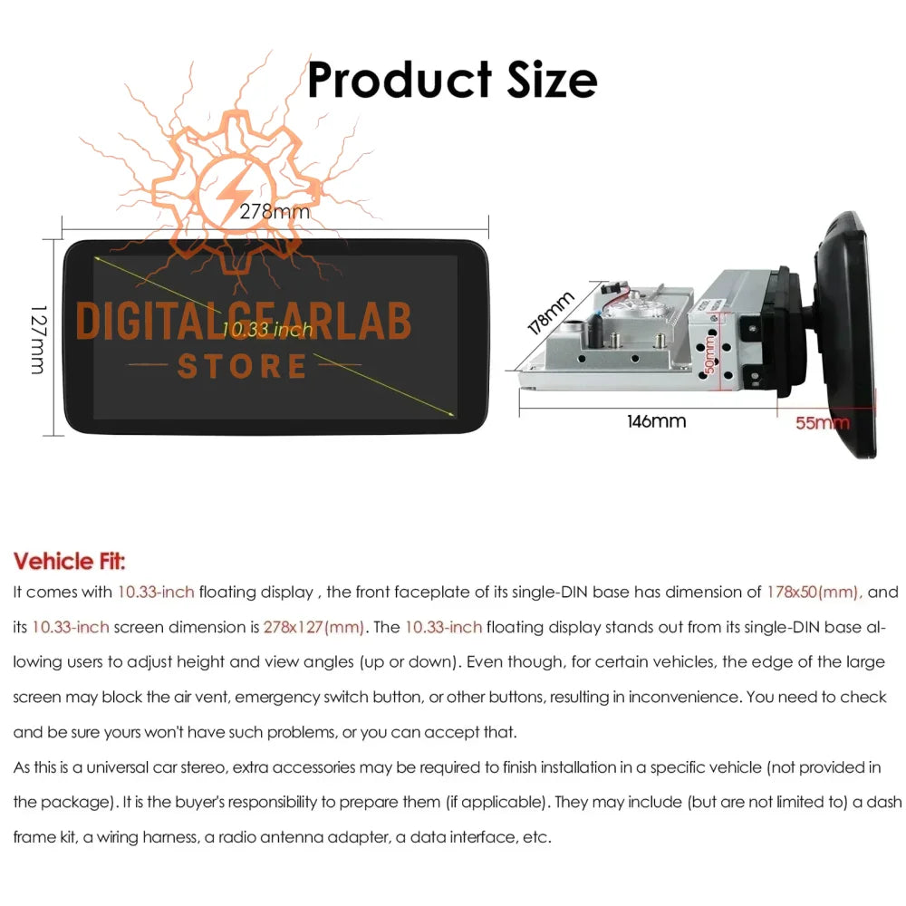 10.3-inch floating display car stereo with a black frame and silver accents, designed for single-din installation in vehicles.