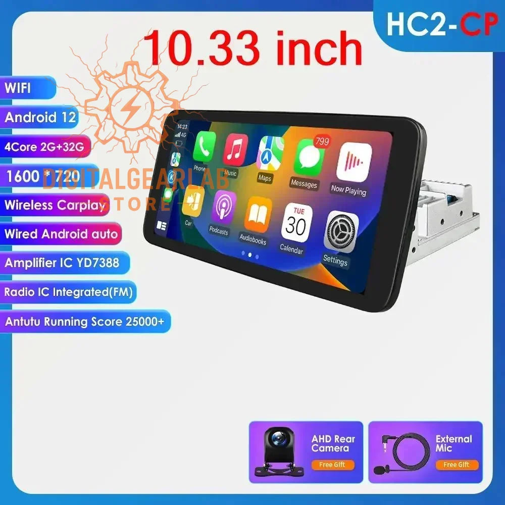 10.33-inch android 12 car multimedia system with a black frame and silver screen, featuring wireless carplay compatibility and an integrated amplifier ic yd7388 for enhanced audio performance.