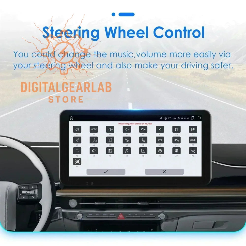 Steering wheel control system with a touchscreen interface and various buttons for audio adjustments.