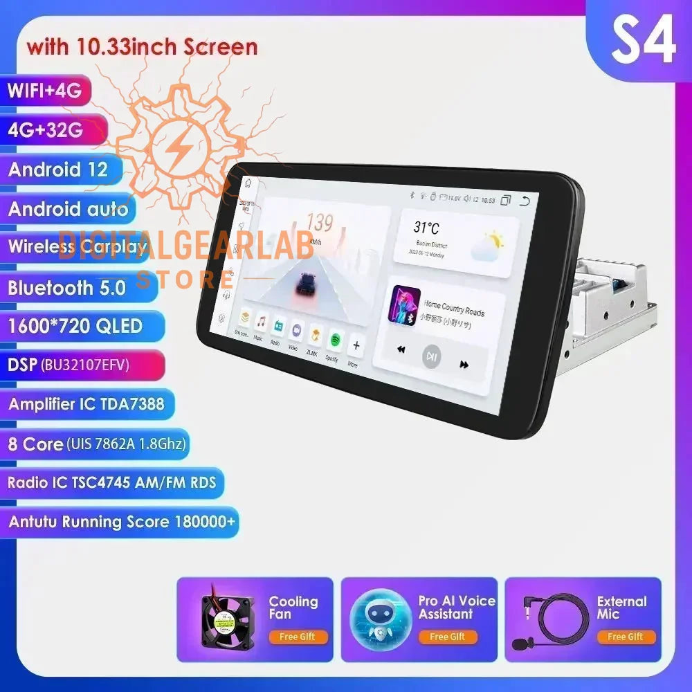 10.3-inch android 12 tablet with qled display, black frame and silver interior components, featuring wireless carplay compatibility and a cooling fan accessory included for optimal performance.