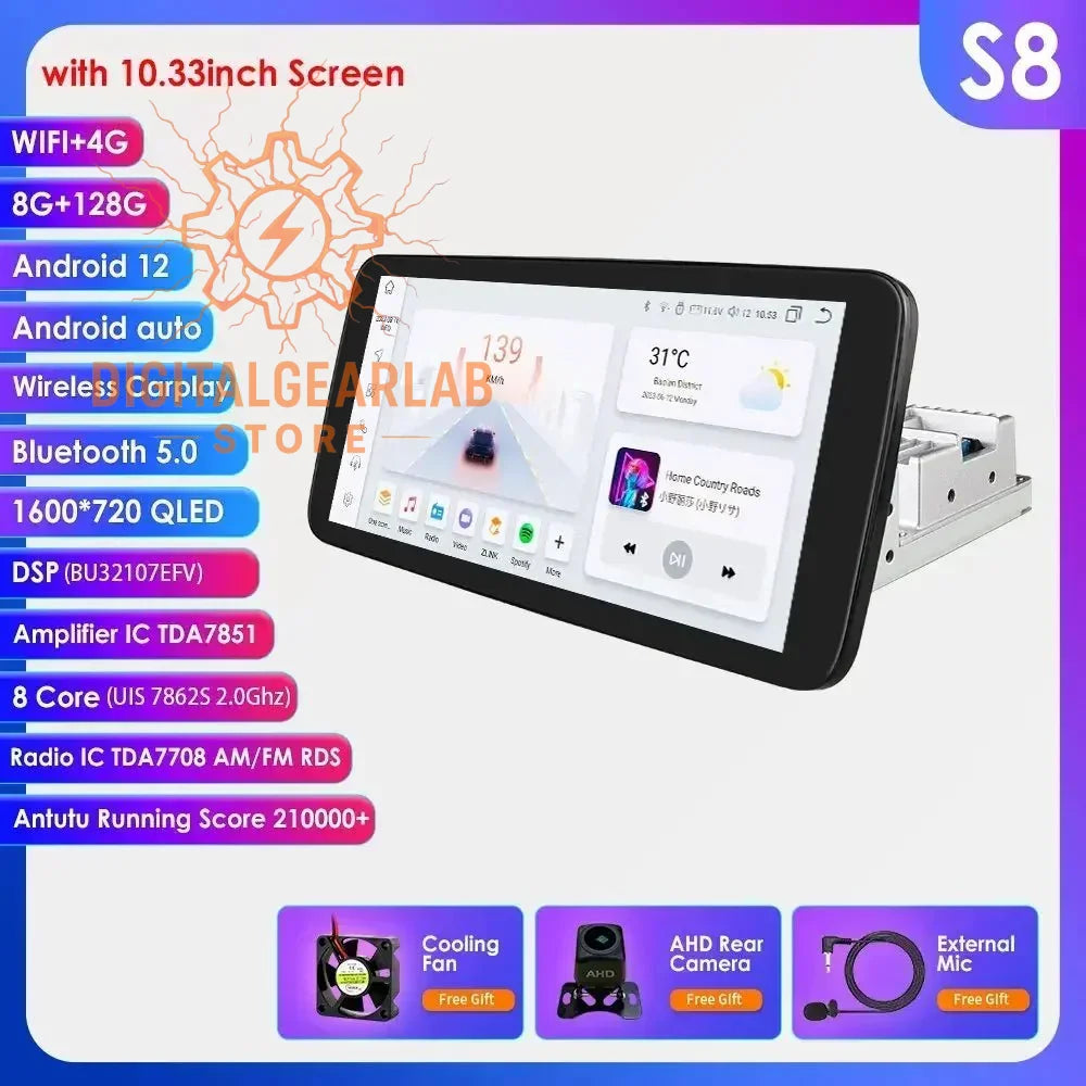 10.3-inch android auto tablet with 8gb ram, 128gb storage, qled display, and wireless carplay capability in black