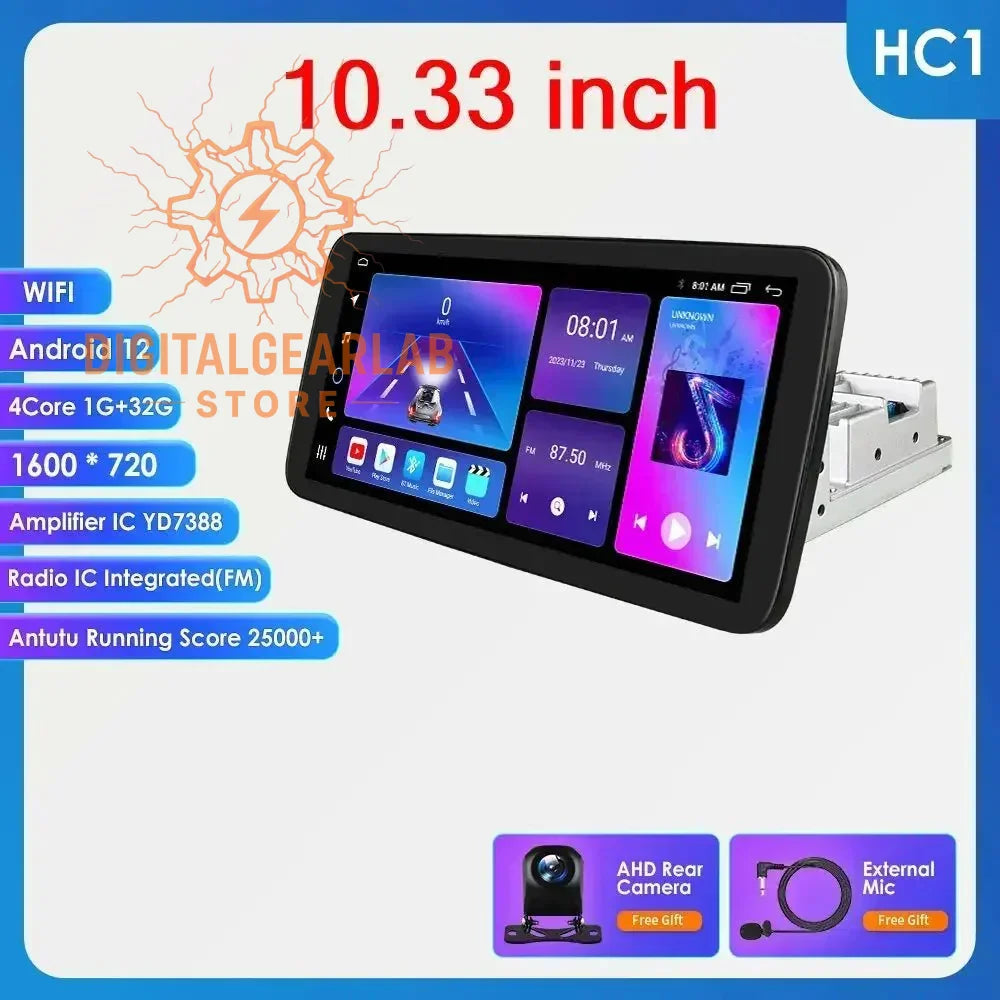 10.33 inch android 12 car multimedia system with a black frame and silver interior, featuring an ahd rear camera and external mic for enhanced functionality in vehicles.