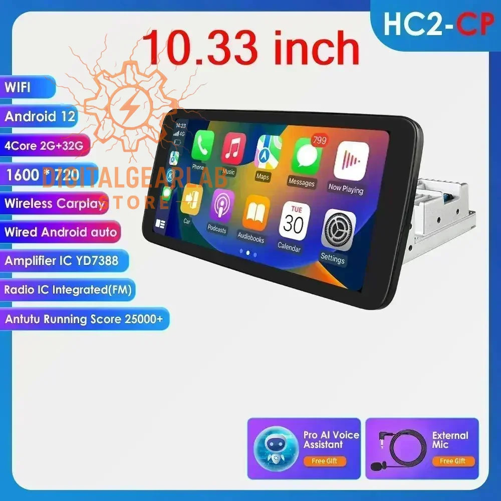 10.33-inch android 12 car multimedia system with wireless carplay, wired auto audio connection and integrated fm radio, featuring a black touchscreen display and silver frame.